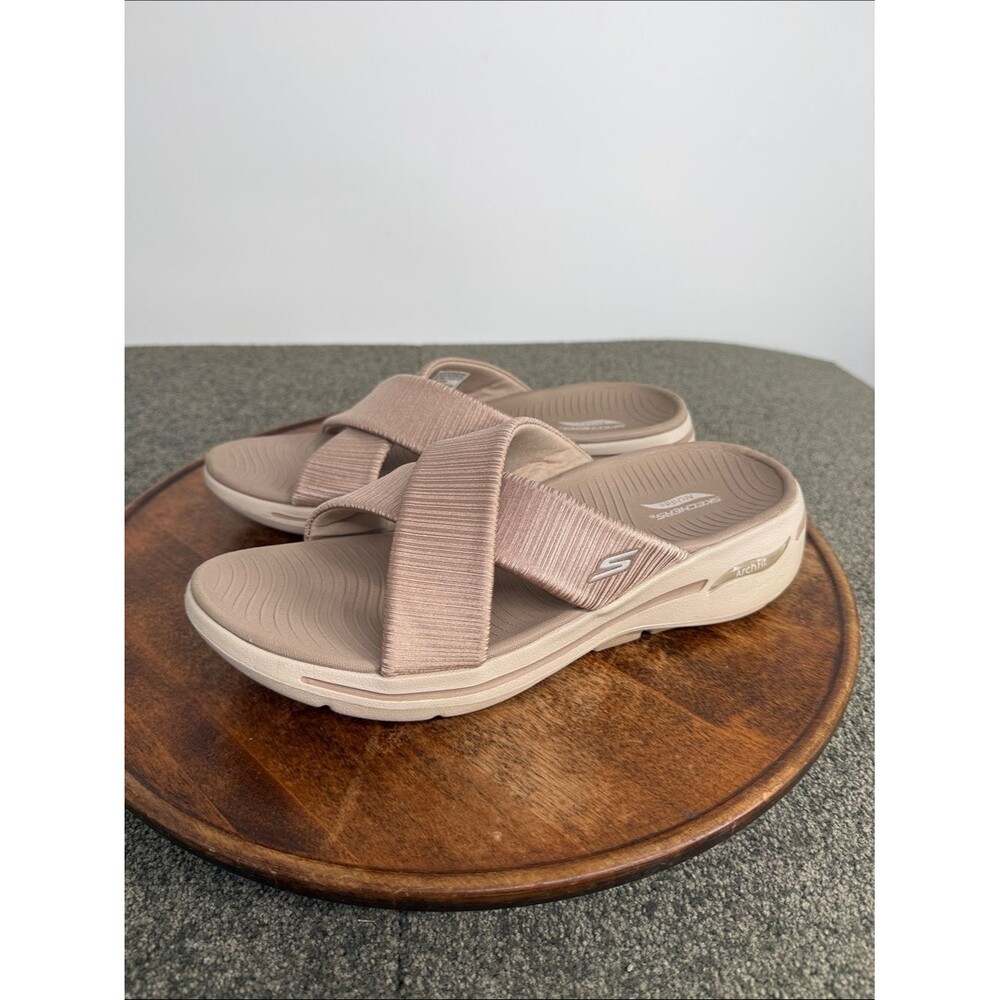 Skechers Sandals Wm 11 Taupe Crisscross Slide ArchFit Comfort Summer